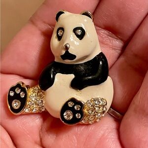 Panda Crystal Accent Brooch - Black & Cream with Gold Rhinestones